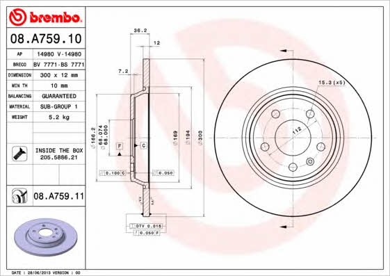 Brembo 08.A759.10 Rear brake disc, non-ventilated 08A75910: Buy near me at 2407.PL in Poland at an Affordable price!