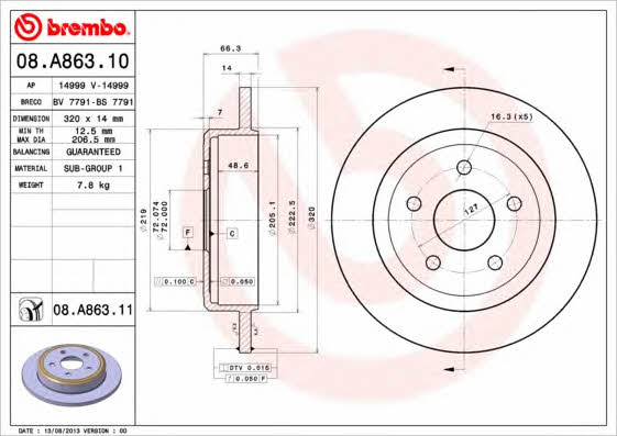 Тормозной диск задний невентилируемый Brembo 08.A863.11