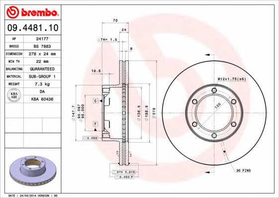 Wentylowana przednia tarcza hamulcowa Brembo 09.4481.10