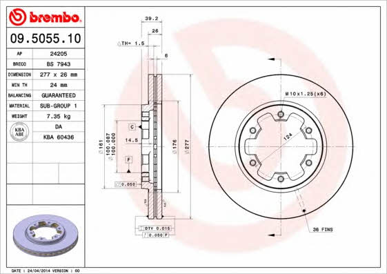 Тормозной диск передний вентилируемый Brembo 09.5055.10