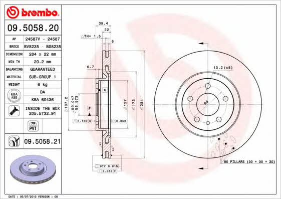 Brembo 09.5058.20 Тормозной диск вентилируемый, 1 шт. 09505820: Отличная цена - Купить в Польше на 2407.PL!