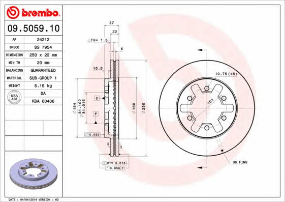 Тормозной диск передний вентилируемый Brembo 09.5059.10