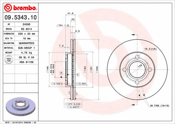 Ventilated disc brake, 1 pcs. Brembo 09.5343.10