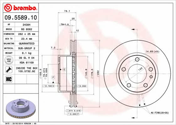 Brembo 09.5589.10 Front brake disc ventilated 09558910: Buy near me in Poland at 2407.PL - Good price!