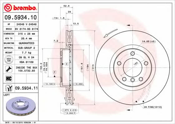 Brembo 09.5934.10 Wentylowana przednia tarcza hamulcowa 09593410: Dobra cena w Polsce na 2407.PL - Kup Teraz!