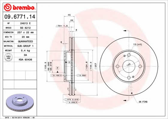 Ventilated disc brake, 1 pcs. Brembo 09.6771.14