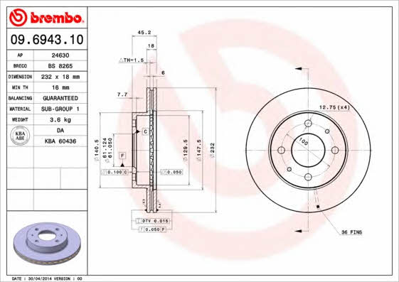 Тормозной диск передний вентилируемый Brembo 09.6943.10