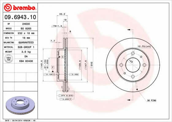 Диск гальмівний передній вентильований Brembo 09.6943.10