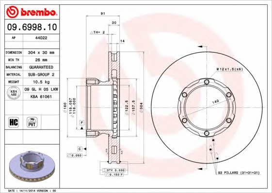 Тормозной диск передний вентилируемый Brembo 09.6998.10