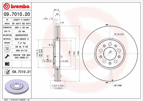 Brembo 09.7010.20 Ventilated disc brake, 1 pcs. 09701020: Buy near me in Poland at 2407.PL - Good price!