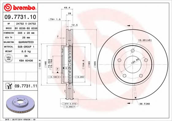 Тормозной диск вентилируемый, 1 шт. Brembo 09.7731.11