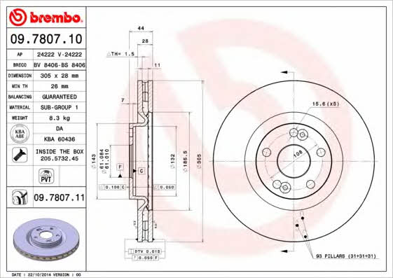 Ventilated disc brake, 1 pcs. Brembo 09.7807.11