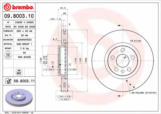 Brembo 09.8003.10 Тормозной диск вентилируемый, 1 шт. 09800310: Отличная цена - Купить в Польше на 2407.PL!