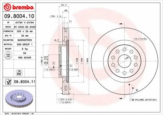 Brembo 09.8004.10 Front brake disc ventilated 09800410: Buy near me in Poland at 2407.PL - Good price!