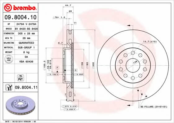 Тормозной диск передний вентилируемый Brembo 09.8004.11