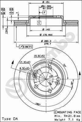 Tarcza hamulcowa wentylowana, 1 szt. Brembo 09.8137.14