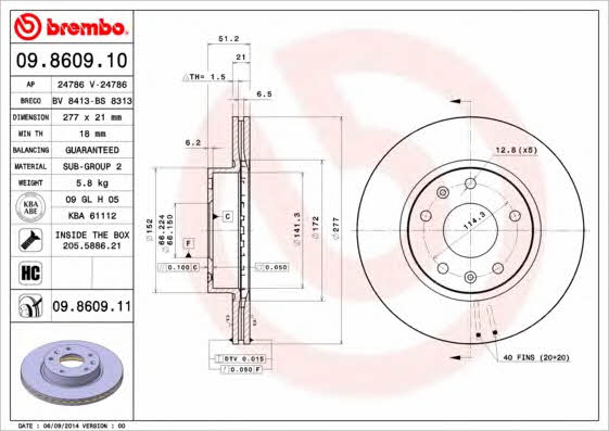 Brembo 09.8609.10 Ventilated disc brake, 1 pcs. 09860910: Buy near me in Poland at 2407.PL - Good price!