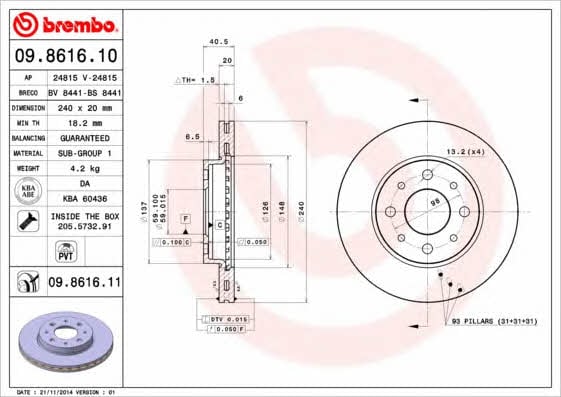 Brembo 09.8616.10 Ventilated disc brake, 1 pcs. 09861610: Buy near me in Poland at 2407.PL - Good price!