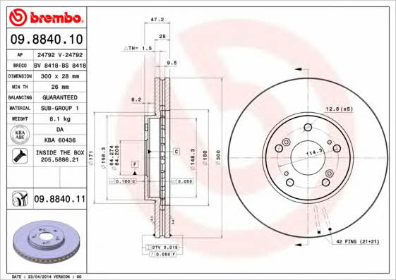 Brembo 09.8840.10 Тормозной диск вентилируемый, 1 шт. 09884010: Отличная цена - Купить в Польше на 2407.PL!