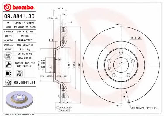 Brembo 09.8841.30 Тормозной диск вентилируемый, 1 шт. 09884130: Отличная цена - Купить в Польше на 2407.PL!