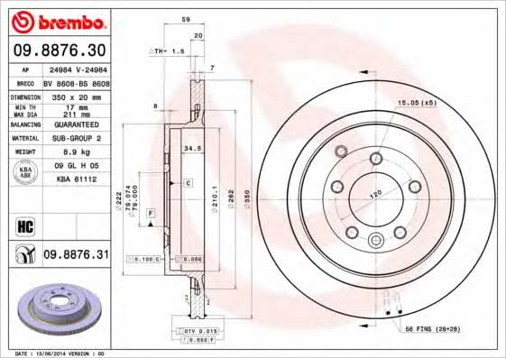 Brembo 09.8876.30 Rear ventilated brake disc 09887630: Buy near me at 2407.PL in Poland at an Affordable price!