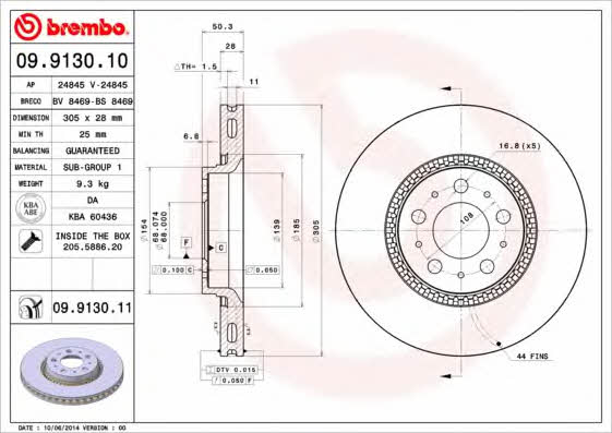 Brembo 09.9130.10 Front brake disc ventilated 09913010: Buy near me in Poland at 2407.PL - Good price!