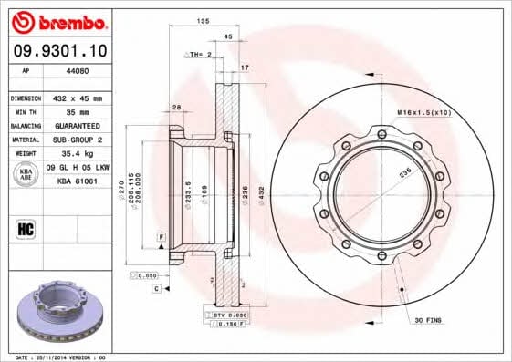 Brembo 09.9301.10 Front brake disc ventilated 09930110: Buy near me in Poland at 2407.PL - Good price!