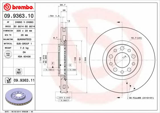 Ventilated disc brake, 1 pcs. Brembo 09.9363.11
