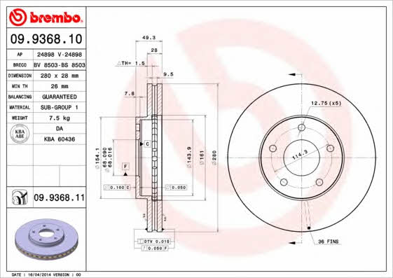 Brembo 09.9368.10 Тормозной диск передний вентилируемый 09936810: Отличная цена - Купить в Польше на 2407.PL!