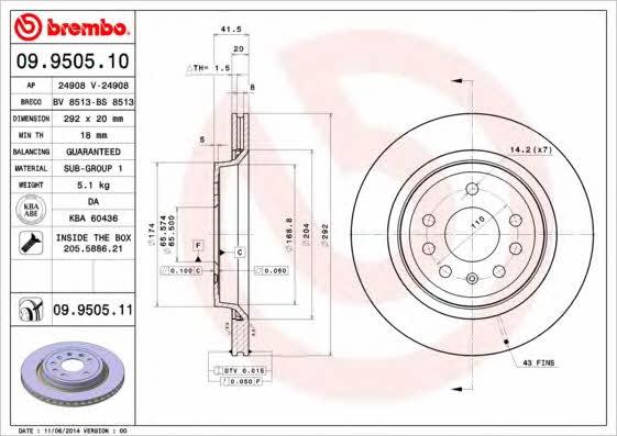 Brembo 09.9505.10 Rear ventilated brake disc 09950510: Buy near me in Poland at 2407.PL - Good price!