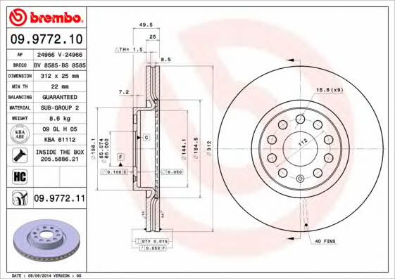 Brembo 09.9772.10 Ventilated disc brake, 1 pcs. 09977210: Buy near me at 2407.PL in Poland at an Affordable price!