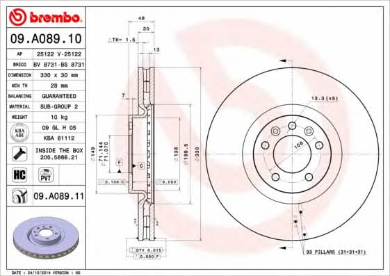 Brembo 09.A089.10 Ventilated disc brake, 1 pcs. 09A08910: Buy near me at 2407.PL in Poland at an Affordable price!
