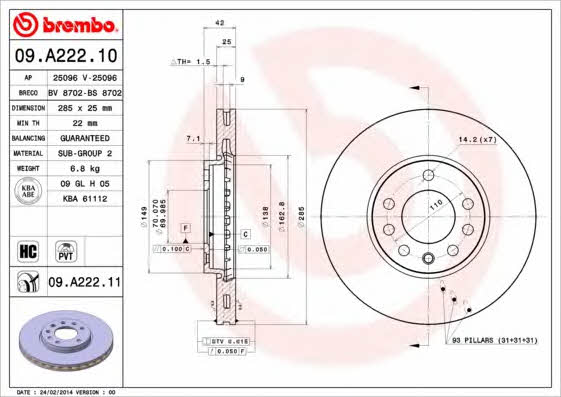 Brembo 09.A222.10 Ventilated disc brake, 1 pcs. 09A22210: Buy near me in Poland at 2407.PL - Good price!