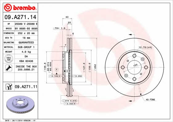Ventilated disc brake, 1 pcs. Brembo 09.A271.14