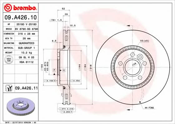 Brembo 09.A426.10 Ventilated disc brake, 1 pcs. 09A42610: Buy near me in Poland at 2407.PL - Good price!