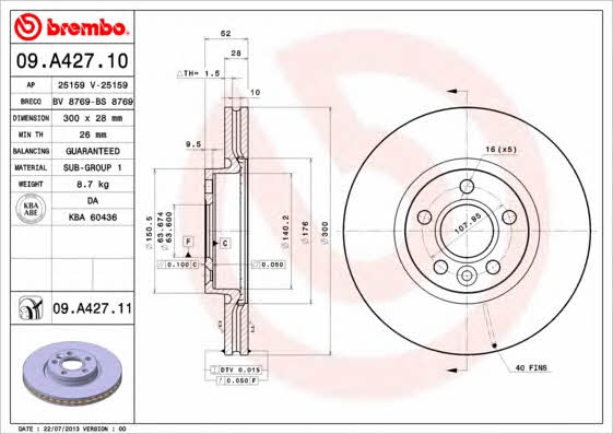 Brembo 09.A427.10 Ventilated disc brake, 1 pcs. 09A42710: Buy near me in Poland at 2407.PL - Good price!