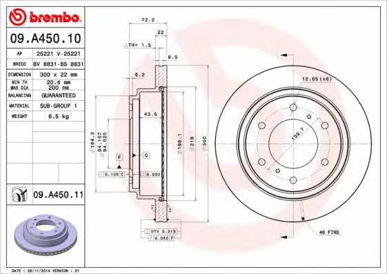 Brembo 09.A450.10 Rear ventilated brake disc 09A45010: Buy near me in Poland at 2407.PL - Good price!