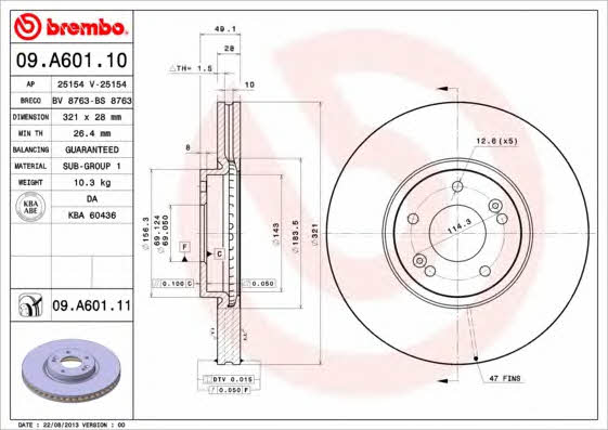 Тормозной диск вентилируемый, 1 шт. Brembo 09.A601.11