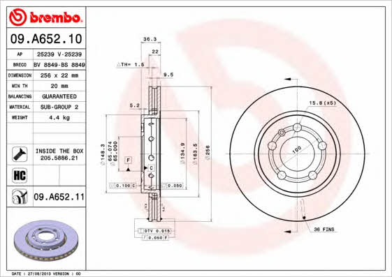 Тормозной диск задний вентилируемый Brembo 09.A652.11