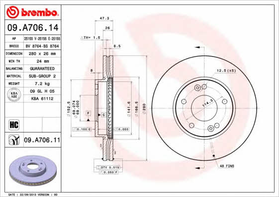 Brembo 09.A706.14 Тормозной диск передний вентилируемый 09A70614: Отличная цена - Купить в Польше на 2407.PL!