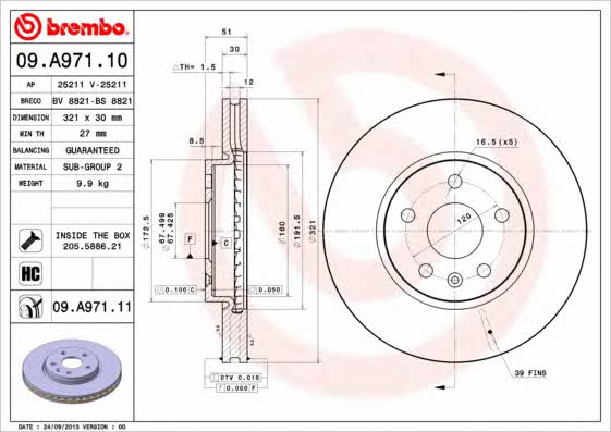 Brembo 09.A971.10 Front brake disc ventilated 09A97110: Buy near me in Poland at 2407.PL - Good price!