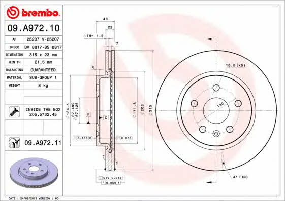 Brembo 09.A972.10 Rear ventilated brake disc 09A97210: Buy near me in Poland at 2407.PL - Good price!