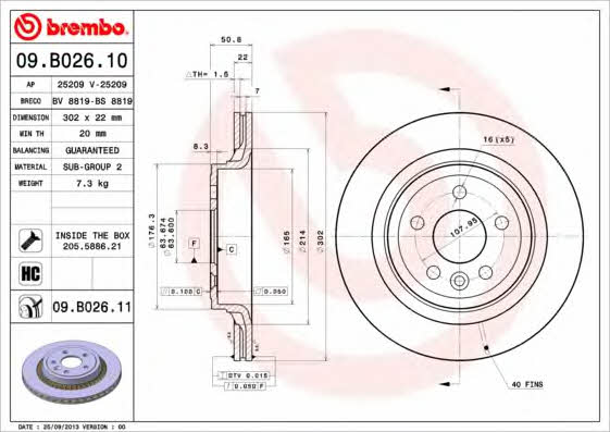 Brembo 09.B026.10 Rear ventilated brake disc 09B02610: Buy near me in Poland at 2407.PL - Good price!