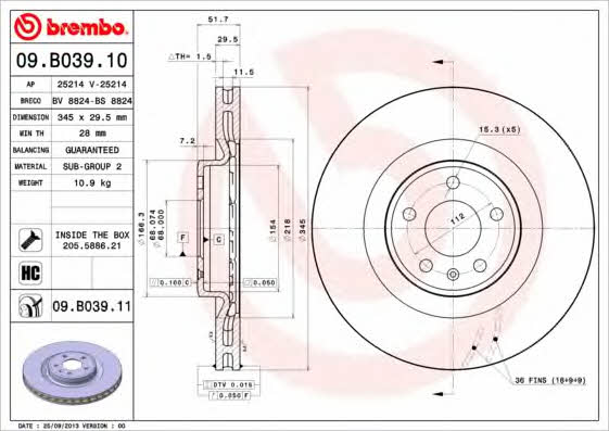 Brembo 09.B039.10 Tarcza hamulcowa wentylowana, 1 szt. 09B03910: Dobra cena w Polsce na 2407.PL - Kup Teraz!