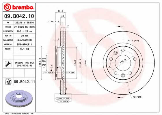 Tarcza hamulcowa wentylowana, 1 szt. Brembo 09.B042.11