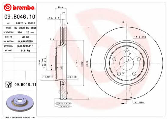 Brembo 09.B046.10 Front brake disc ventilated 09B04610: Buy near me in Poland at 2407.PL - Good price!