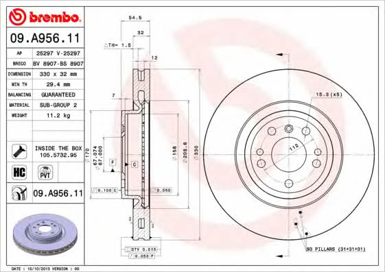 Диск гальмівний передній вентильований Brembo 09.A956.11