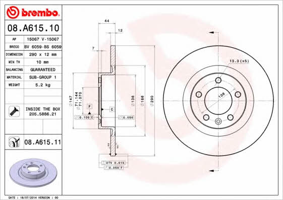 Brembo 08.A615.10 Тормозной диск задний невентилируемый 08A61510: Отличная цена - Купить в Польше на 2407.PL!