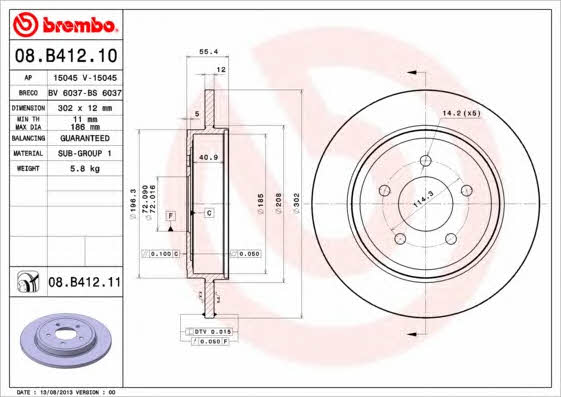Brembo 08.B412.10 Тормозной диск невентилируемый 08B41210: Отличная цена - Купить в Польше на 2407.PL!