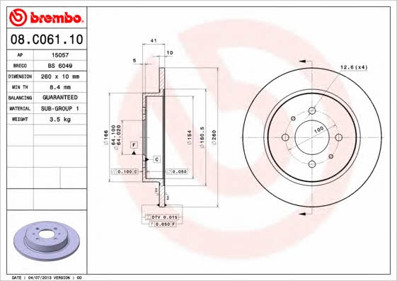 Bremsscheibe hinten, unbelüftet Brembo 08.C061.10